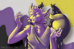 Hey Pride Digital illustration featuring limited colour palette with colours yellow, white, purple and black, portraying an anthropomorphic fox with wings.