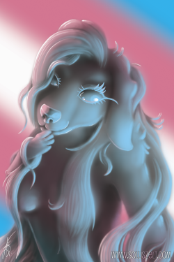 Be Proud Digital painting featuring the trans flag as colour palette showing an anthropomorphic canine with long flowing hair looking shyly at the viewer.